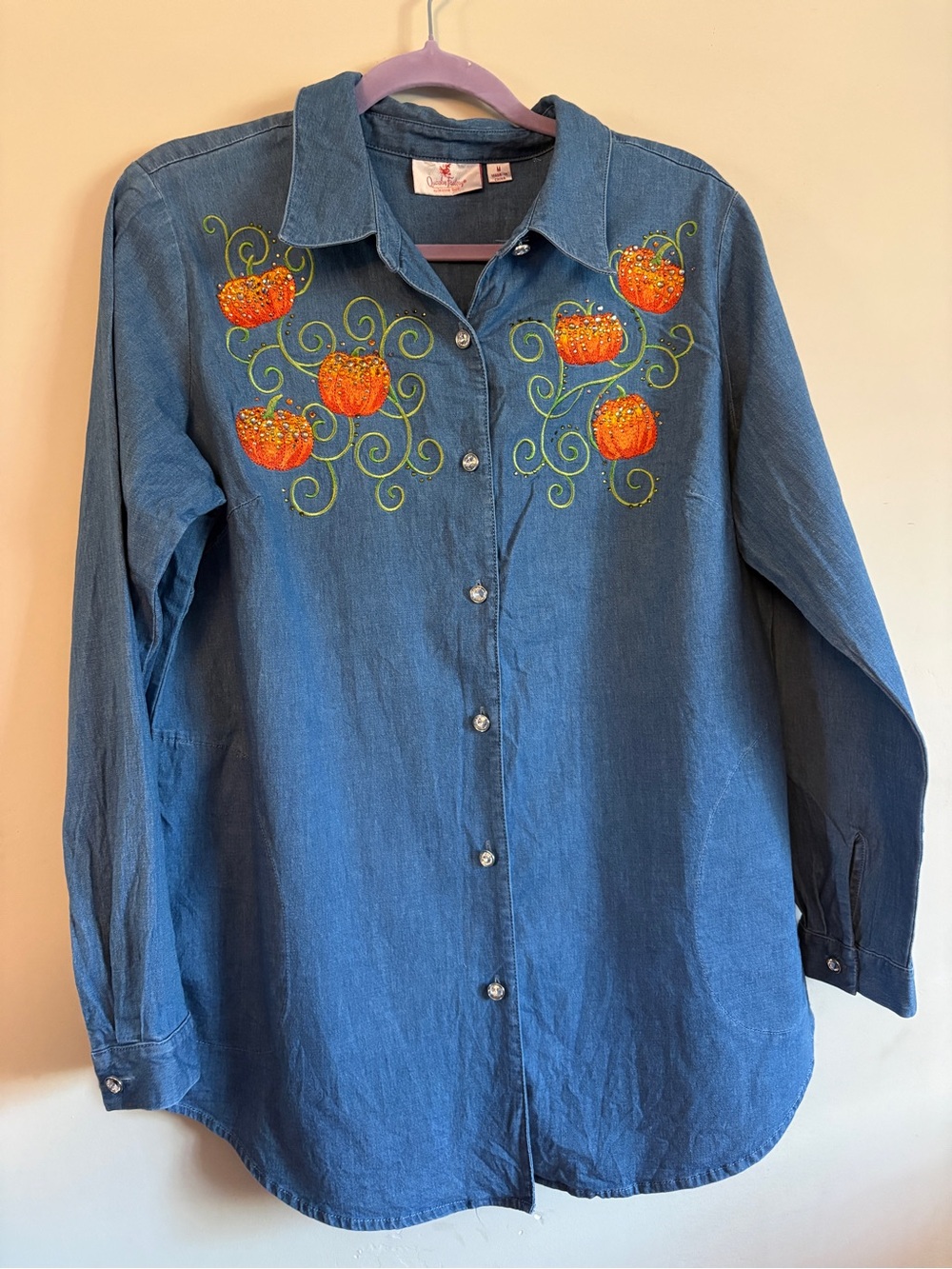 Quacker Factory Denim Shirt with Orange Pumpkin Embroidery and rhienstones